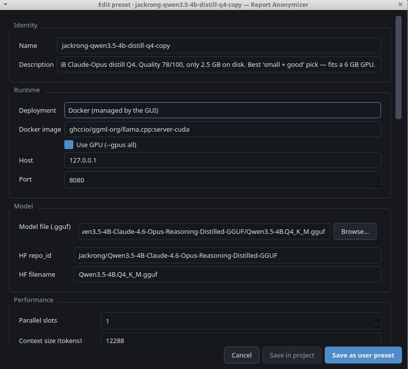 Preset editor showing identity, runtime (Docker, GPU, host, port), model file with HF repo and filename, and performance fields (parallel slots, context size). Save in project or as user preset.
