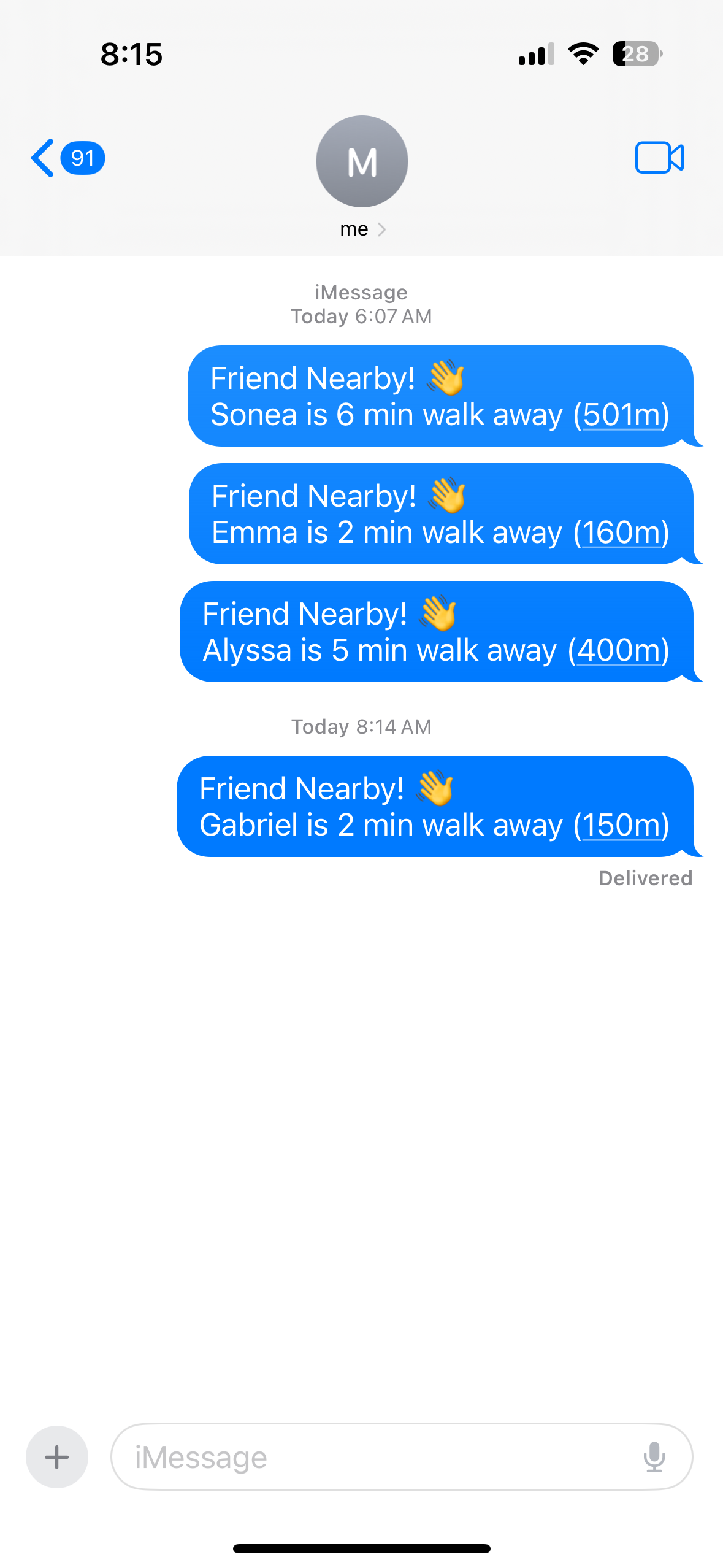 iMessage notification showing a friend is nearby