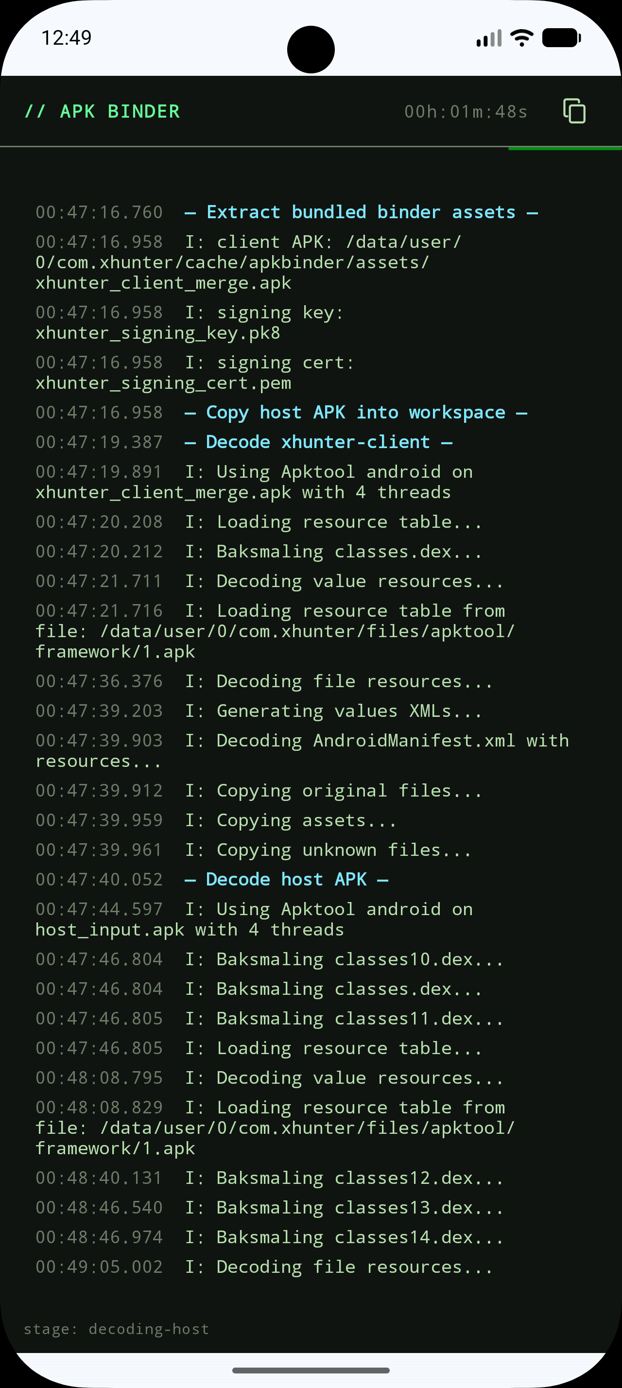 Binder job log output on Android showing apktool stages