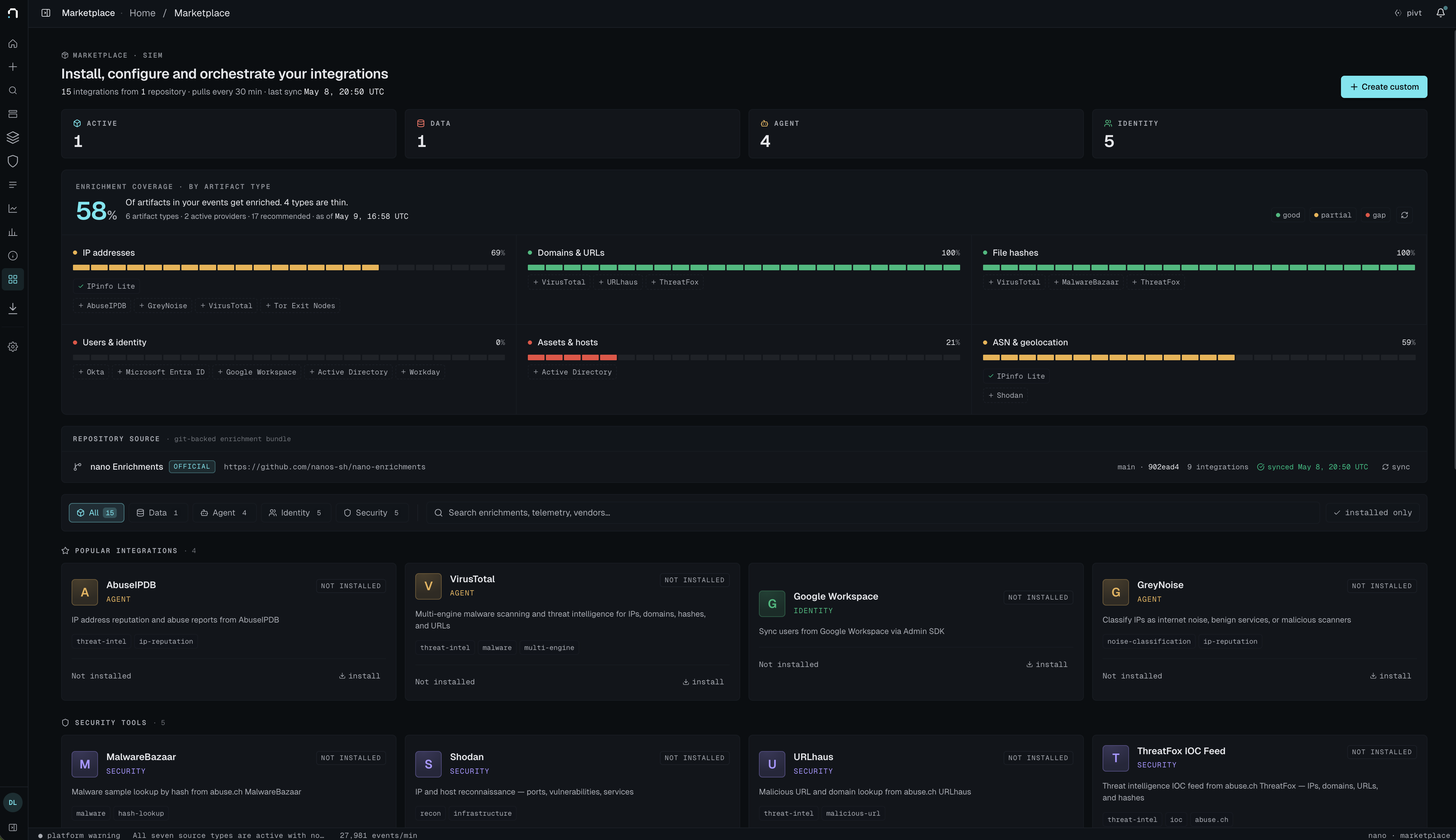 nano marketplace — install and configure out-of-the-box enrichment providers across IPs, domains, file hashes, identity, assets, and geolocation