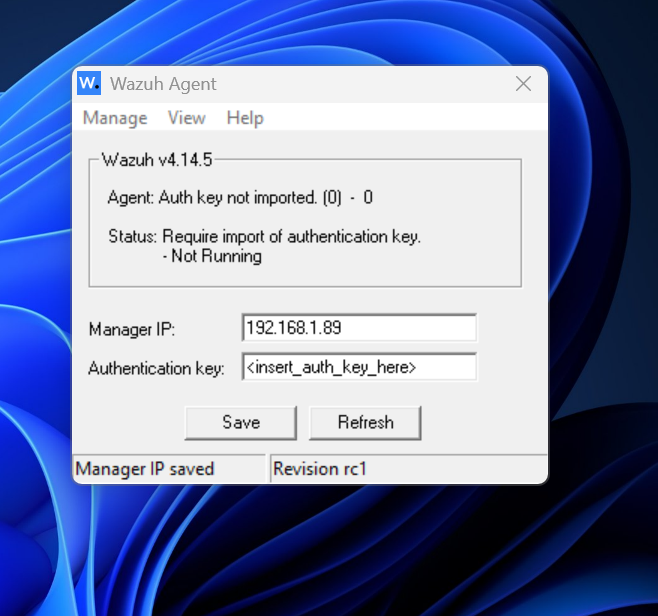 MSI 安装后的 Wazuh Agent Manager,状态:Require import of authentication key