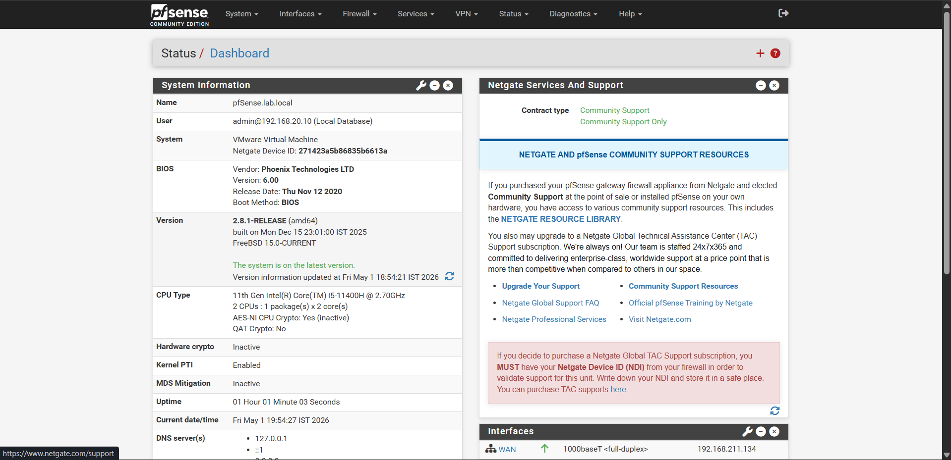 pfSense 仪表板
