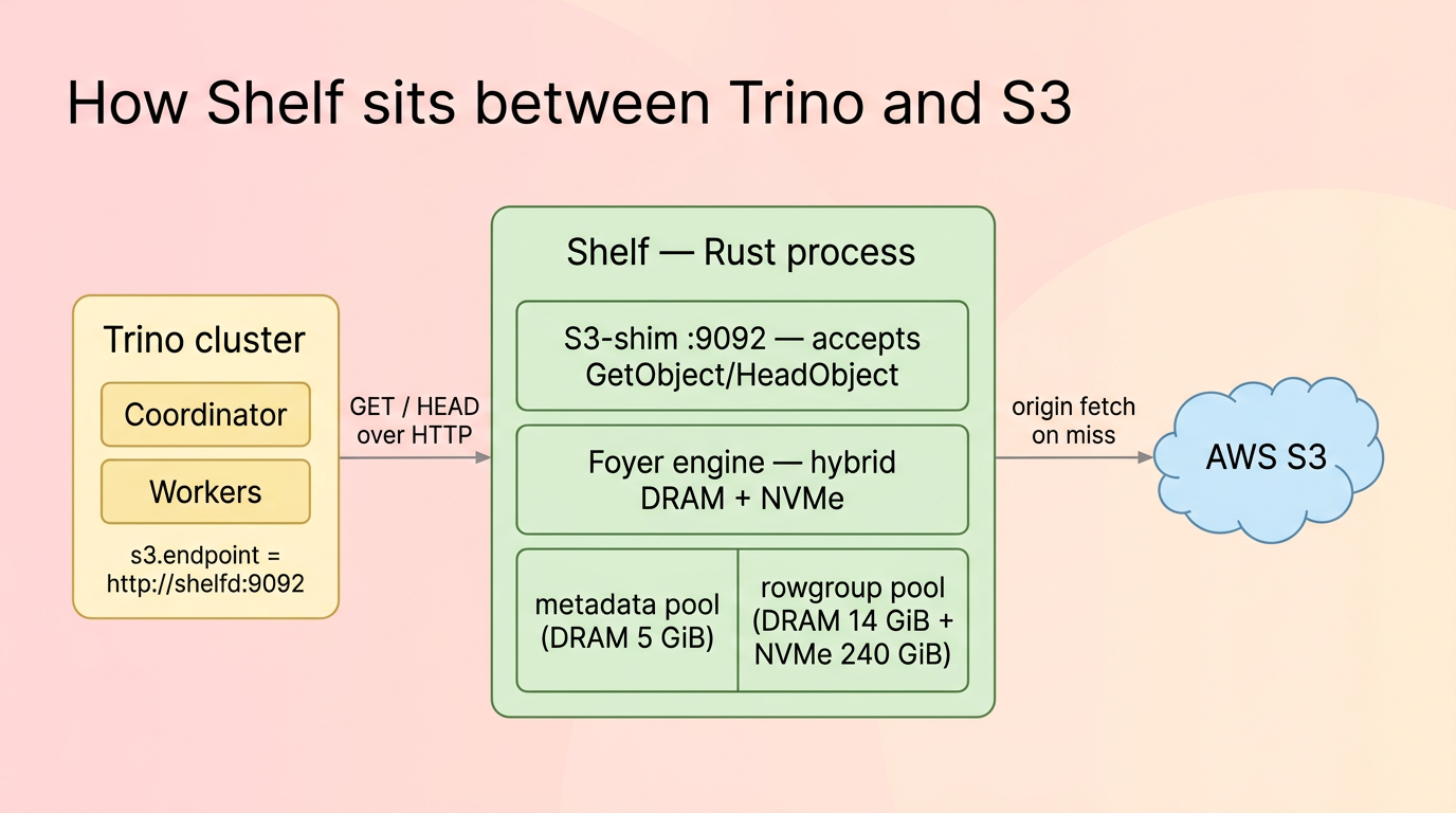 Architecture diagram — Trino cluster on the left, Shelf in the middle (S3-shim, Foyer engine, metadata pool, rowgroup pool), AWS S3 on the right