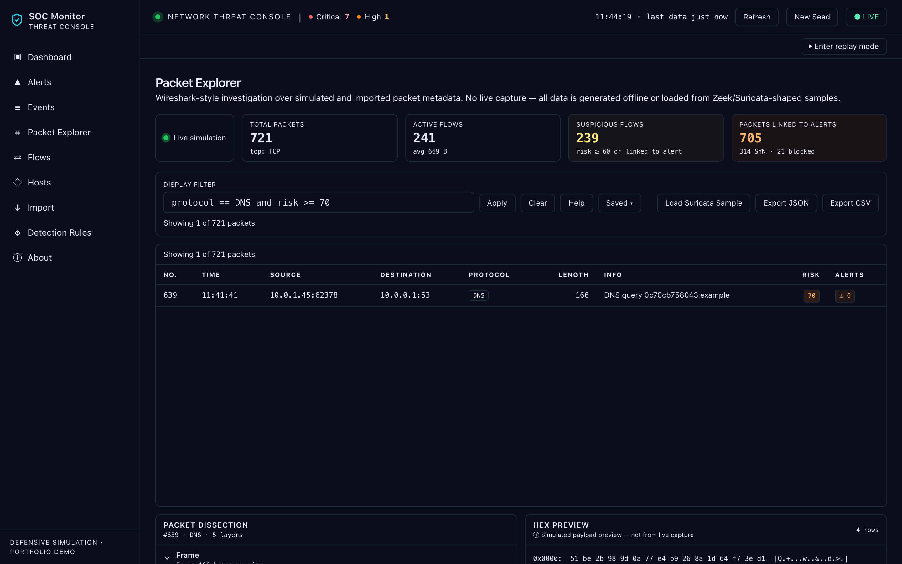 Packet Explorer — Wireshark 风格三窗格调查