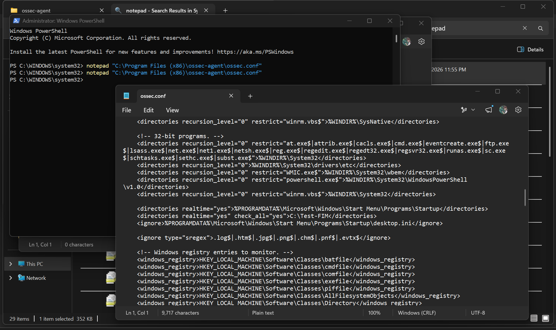 在记事本中打开的 ossec.conf,在 syscheck 块中添加了 C:\Test-FIM 实时指令