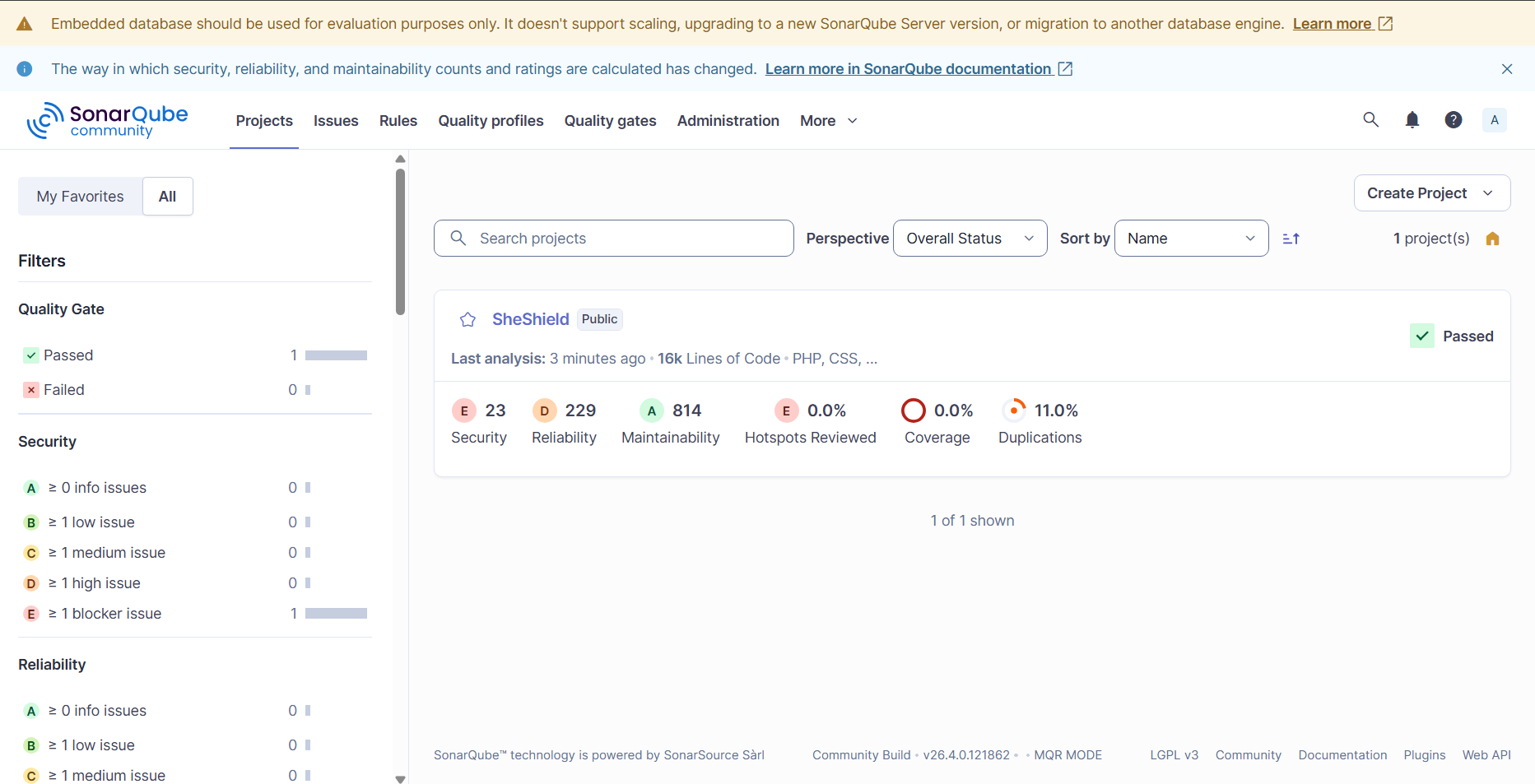 SonarQube Dashboard — Code Quality Results