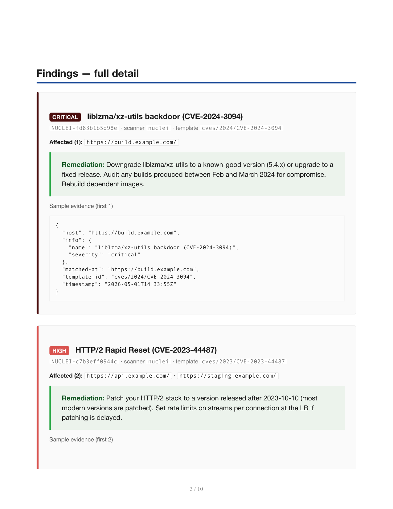 Full detail with affected hosts + remediation