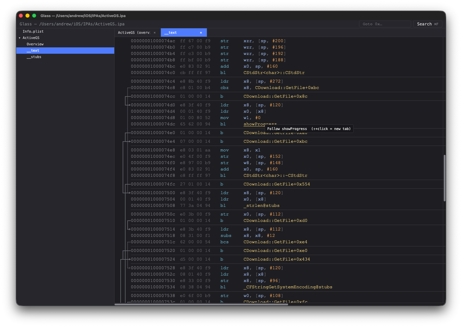 AArch64 disassembly listing with arrow gutter, resolved string literals, clickable symbol references