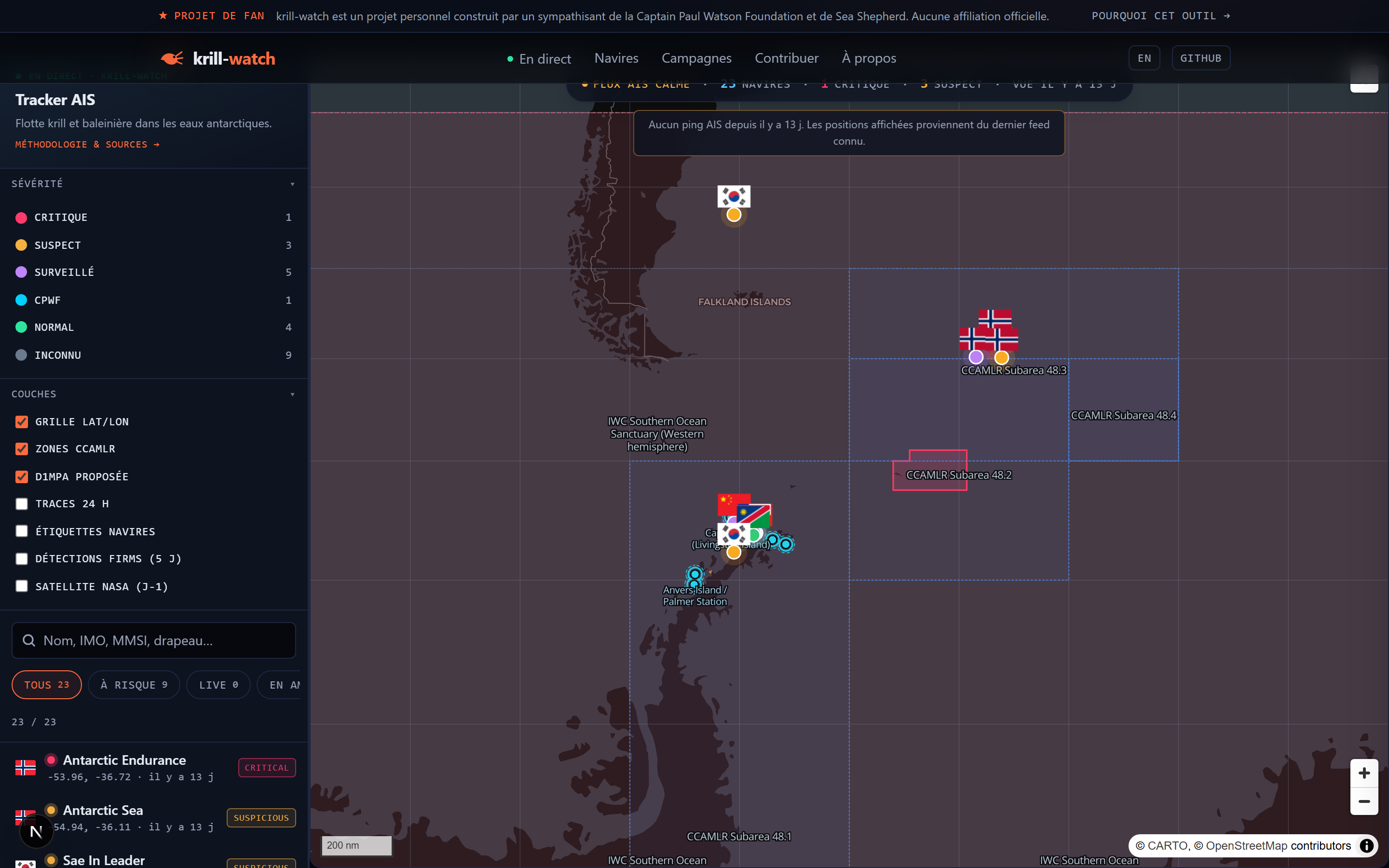 Live tracker with severity filters, CCAMLR zone overlays, AIS panel, dark MapLibre basemap centred on the Antarctic peninsula