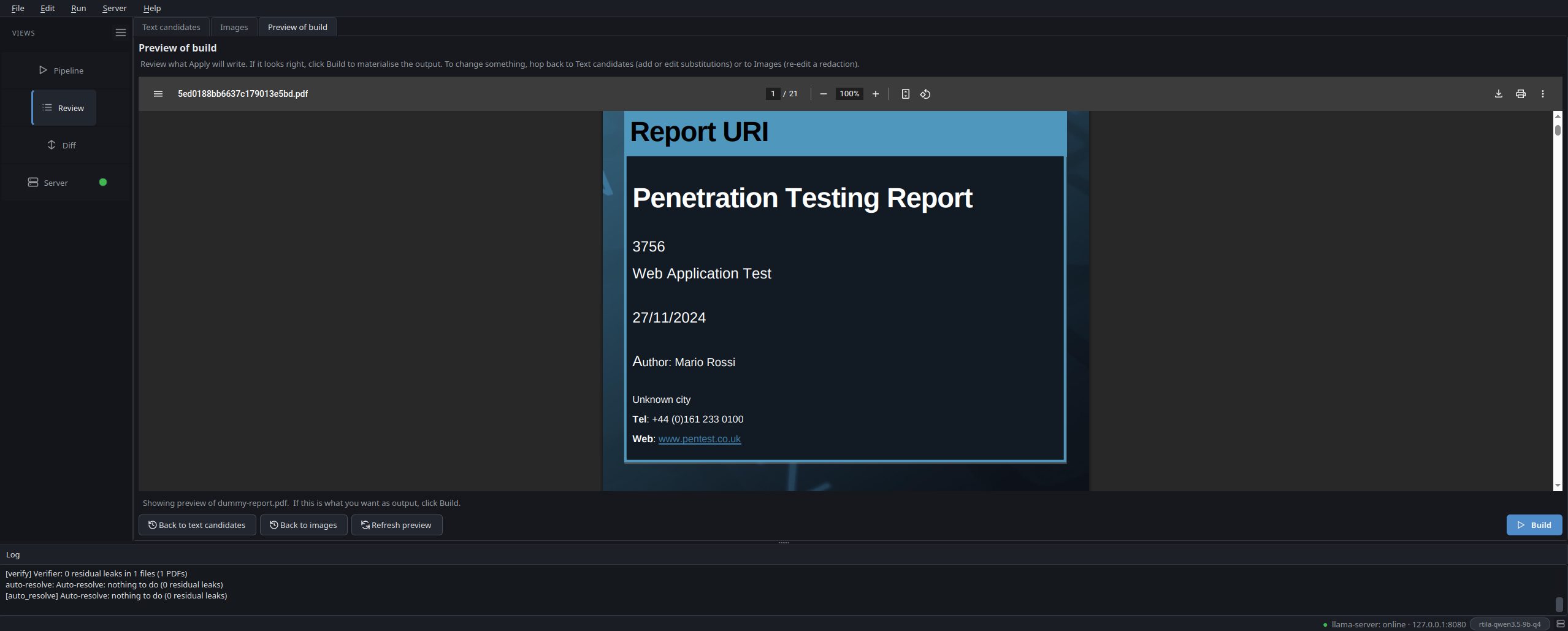 Preview of build tab: PDF.js viewer rendering the post-anonymization document with selectable text. Bottom row offers Back to text candidates, Back to images, Refresh preview and a primary Build button.
