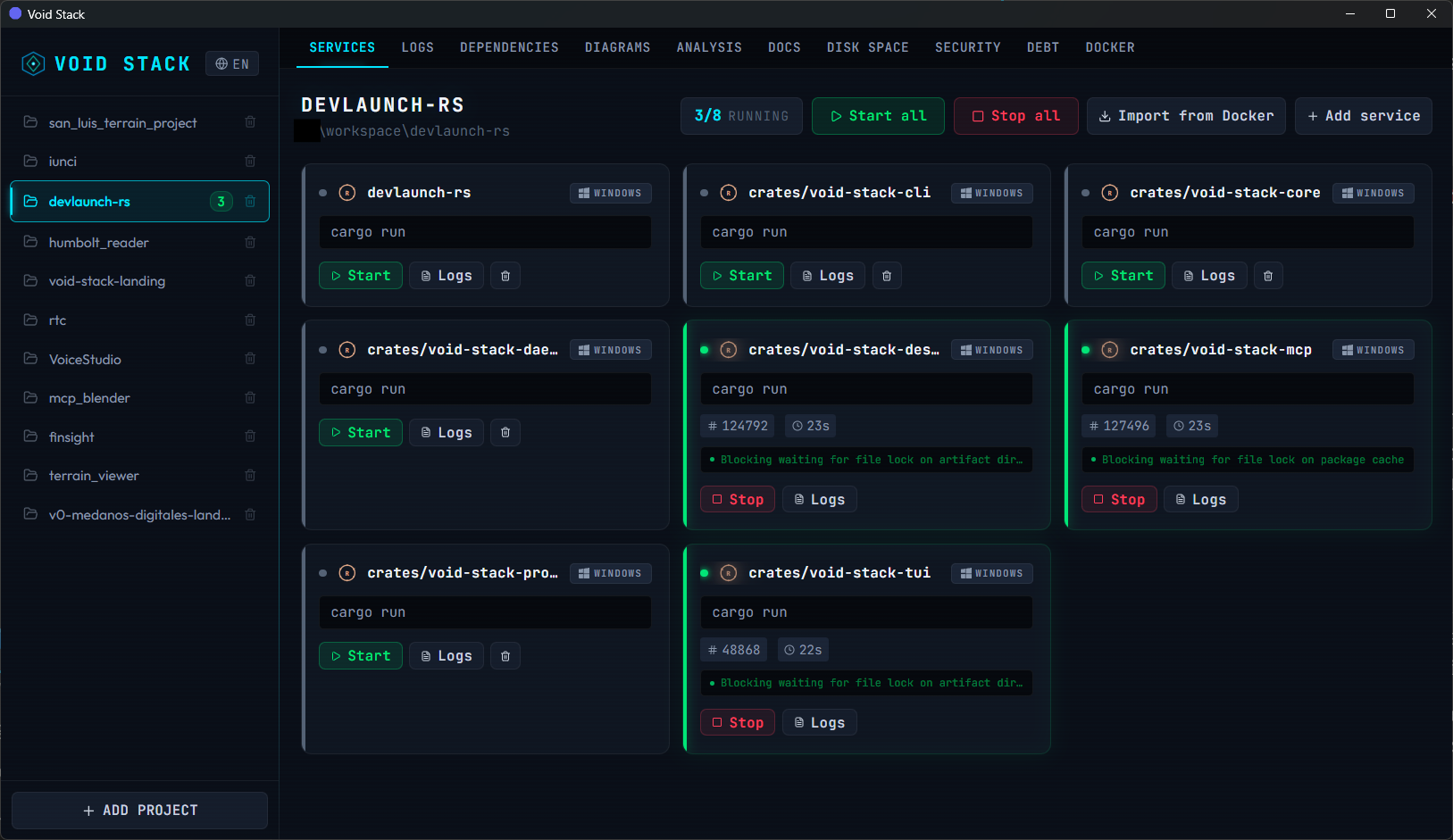 Void Stack Desktop — services running