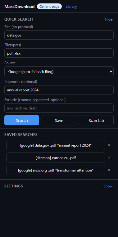 Quick Search form in the side panel