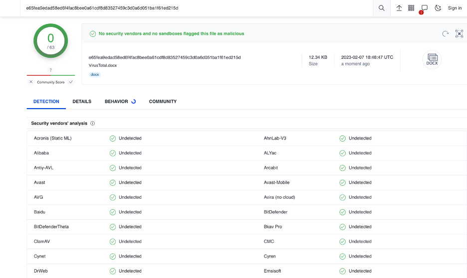 VirusTotal vendor detection results