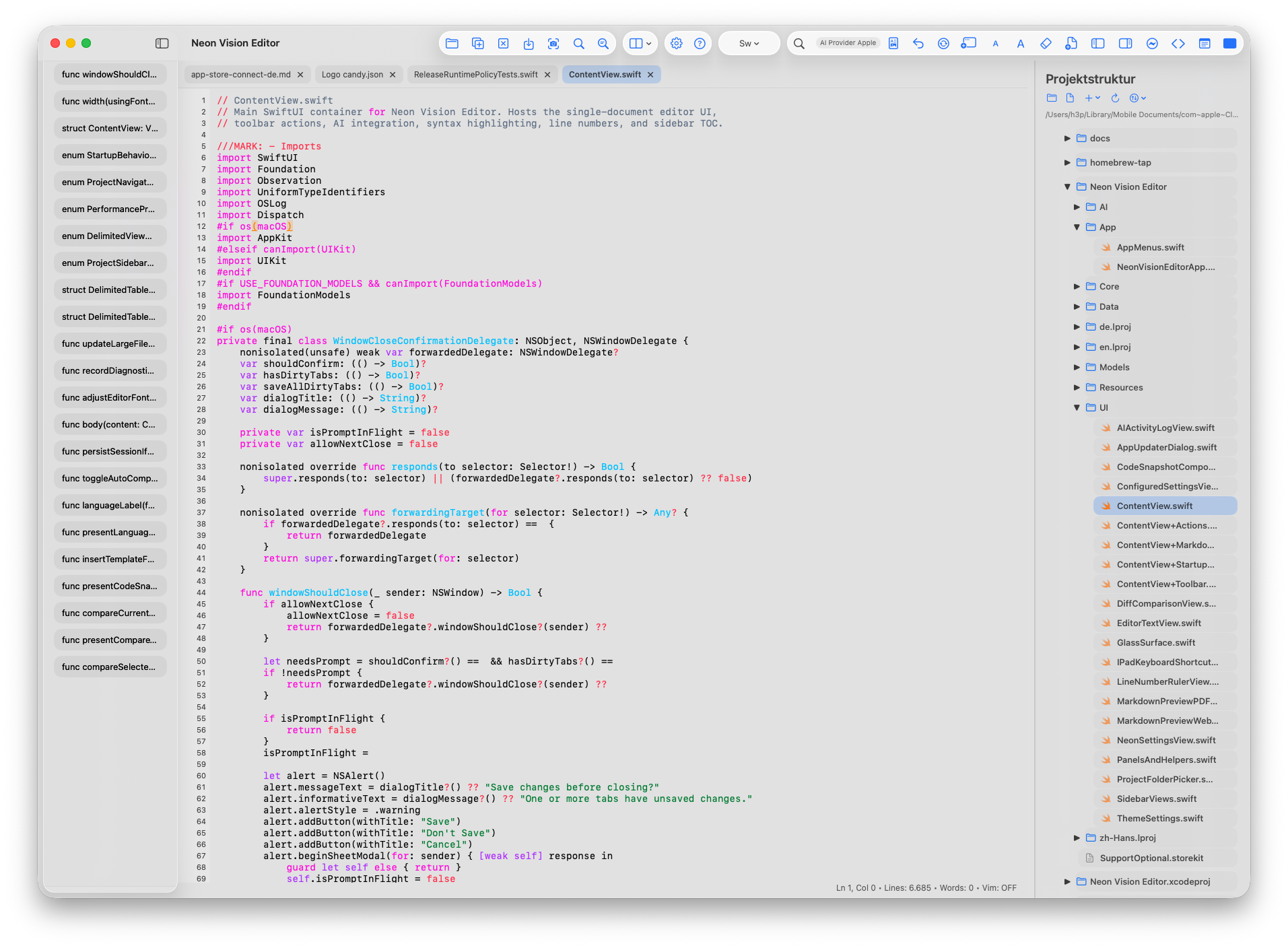 Neon Vision Editor macOS editor screenshot in framed light appearance