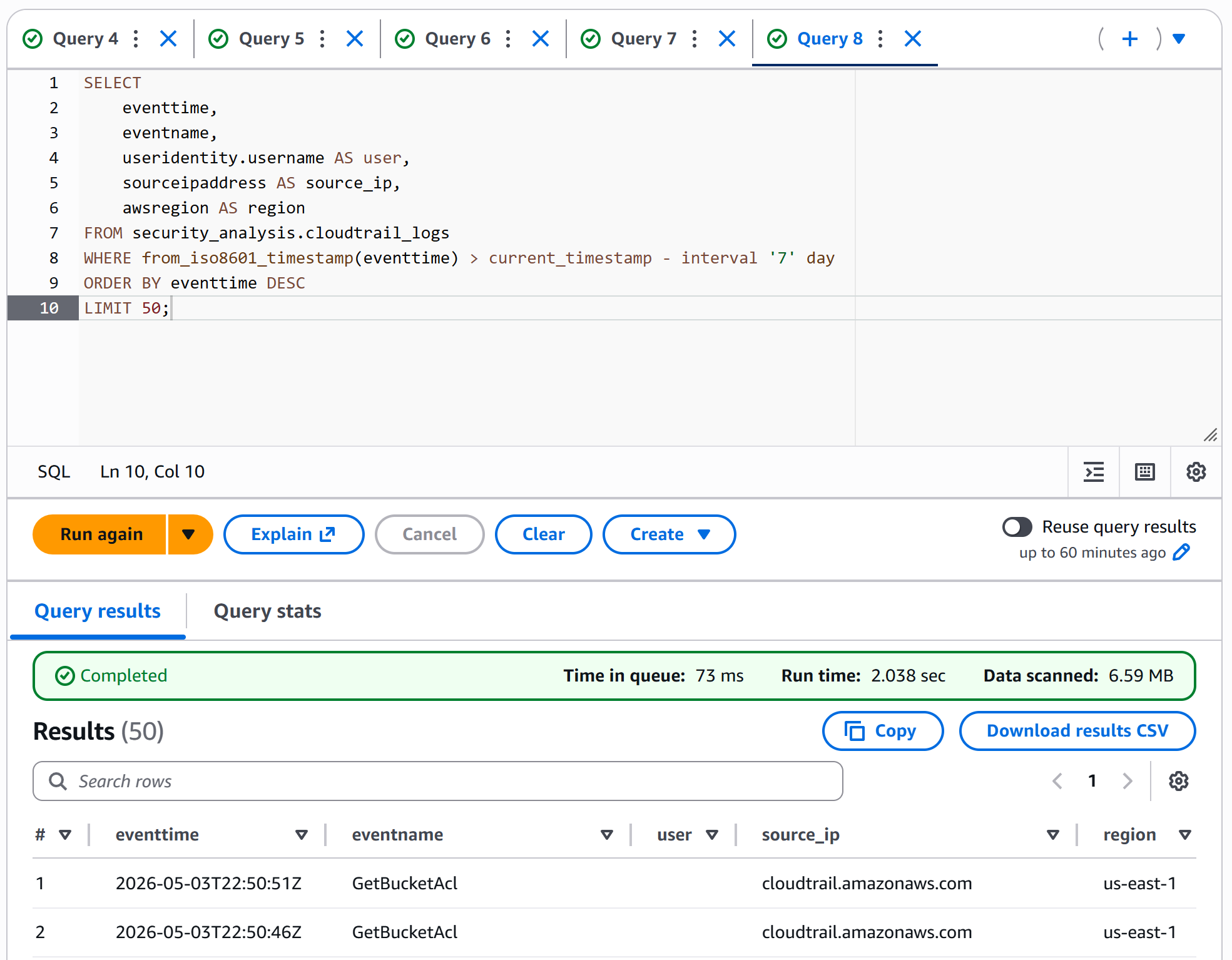 Athena query console showing CloudTrail log analysis results