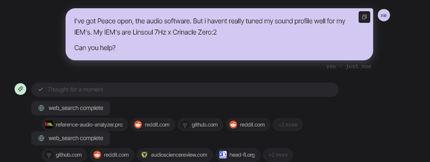 Agent researching IEM tuning across reference-audio-analyzer.pro, audiosciencereview.com, head-fi.org, and Reddit