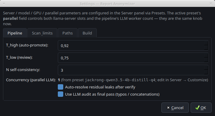 Settings dialog with Pipeline, Scan_limits, Paths and Build tabs. T_high, T_low, N self-consistency and concurrency controls are visible, plus toggles for auto-resolve residuals and LLM final audit.