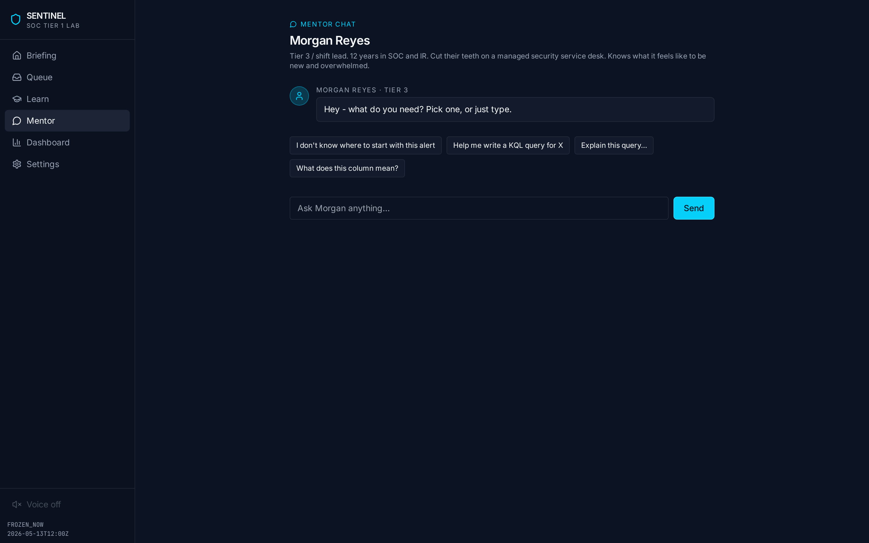 Mentor chat with canned prompts and free-text input to ask Morgan anything
