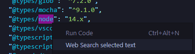 截图显示 VS Code 文本编辑器中的一堆代码,其中选中了 'node' 文本,旁边有一个上下文菜单,其中高亮显示了 'web search selected text' 文本