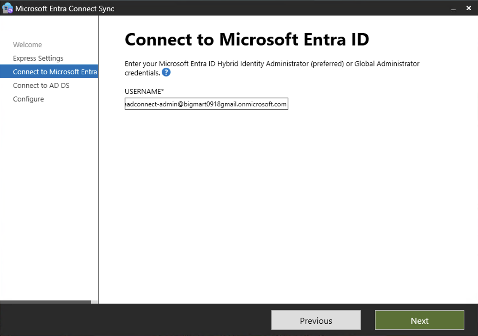 entra connect admin username entered