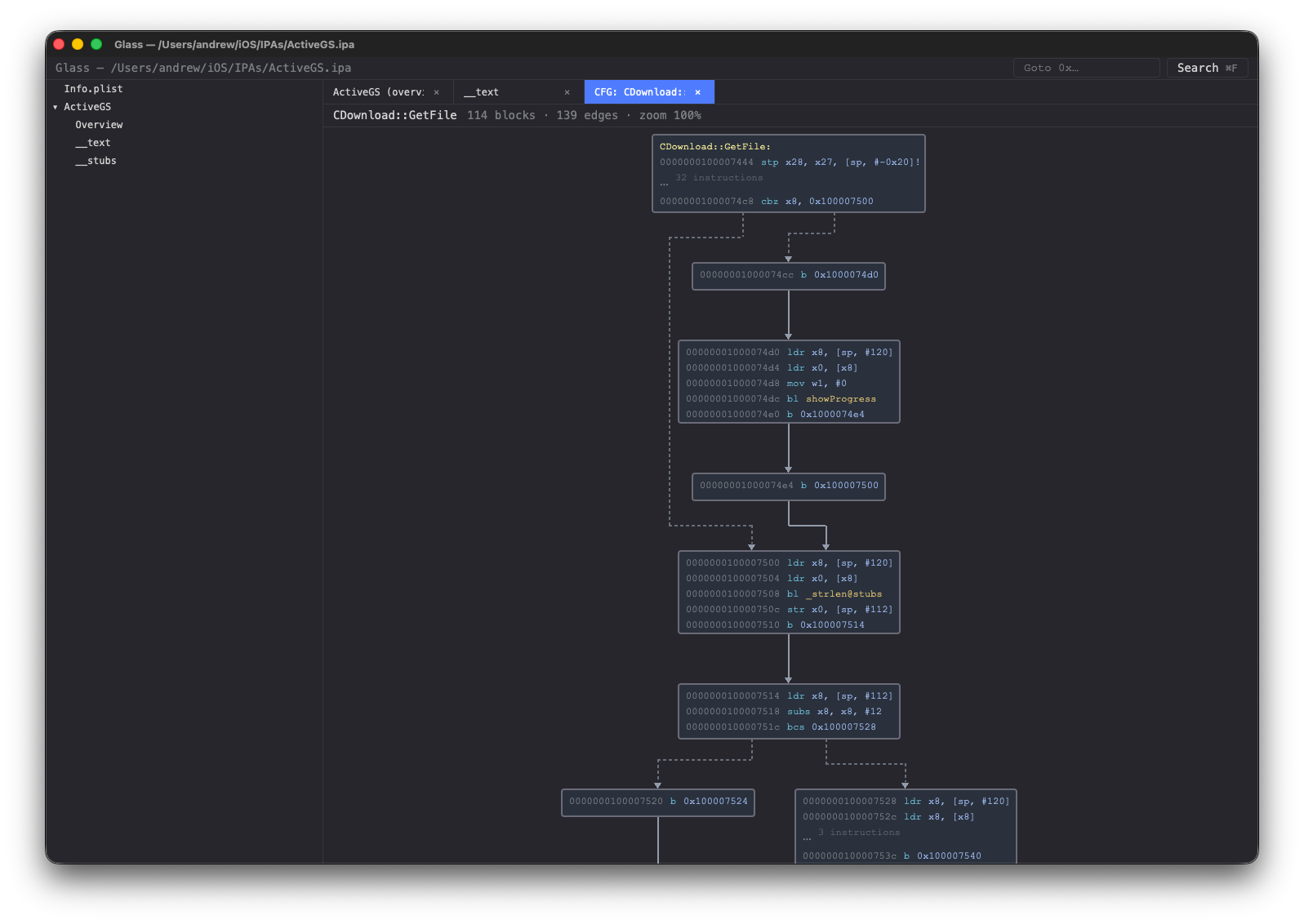 Control flow graph for a native function showing basic blocks, conditional and unconditional edges
