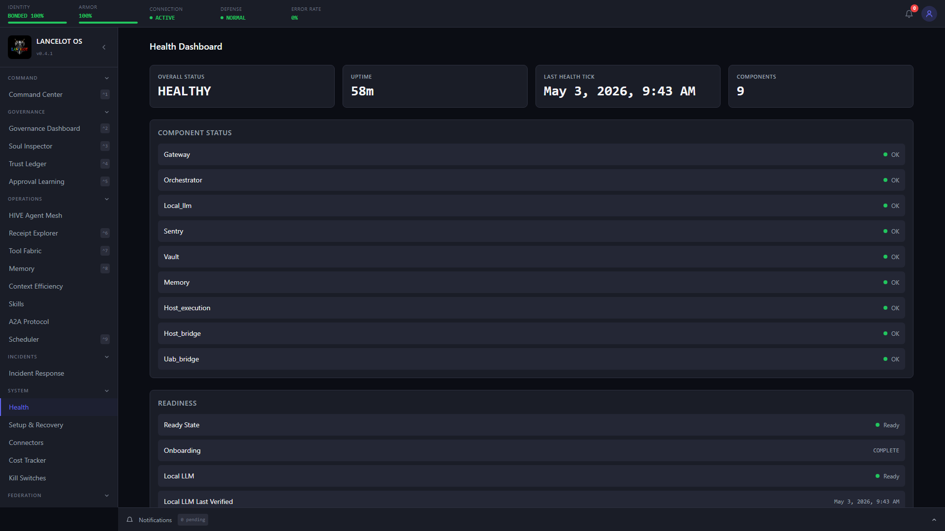 Health Dashboard showing runtime component readiness