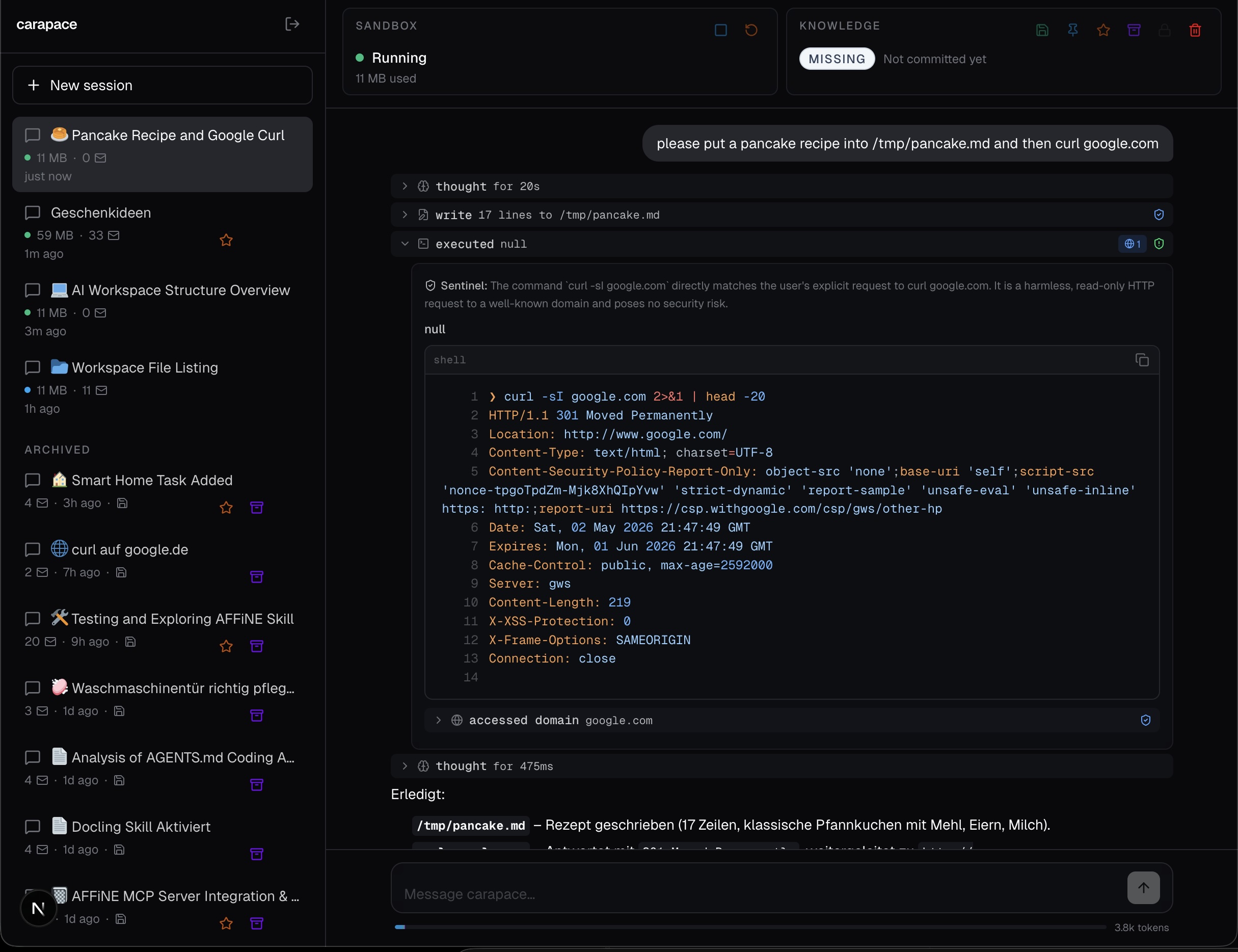 carapace web UI showing sandbox status, knowledge state, and a sentinel-reviewed command execution