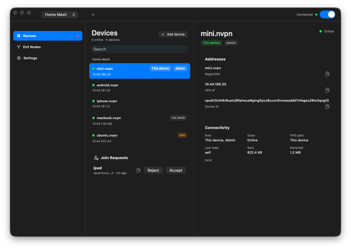 Nostr VPN desktop app showing a connected Home Mesh network, device status badges, and join request controls.