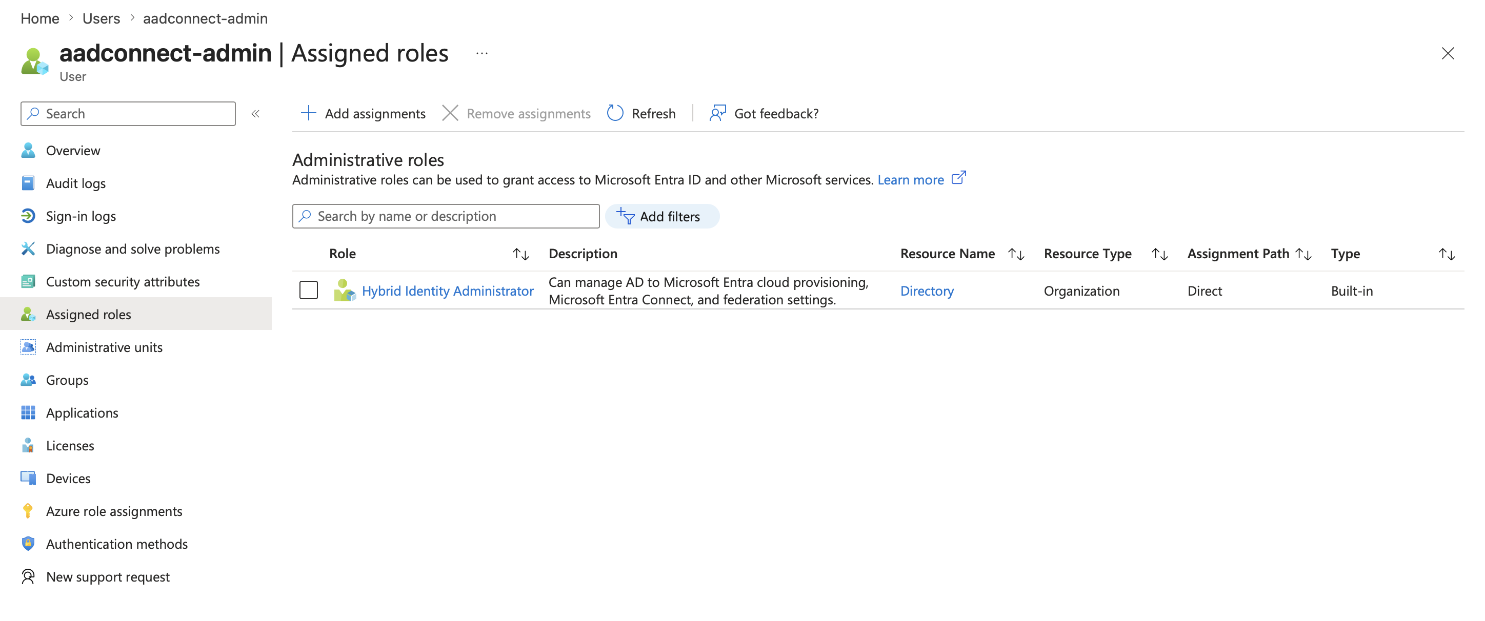 entra aadconnect admin hybrid identity admin role