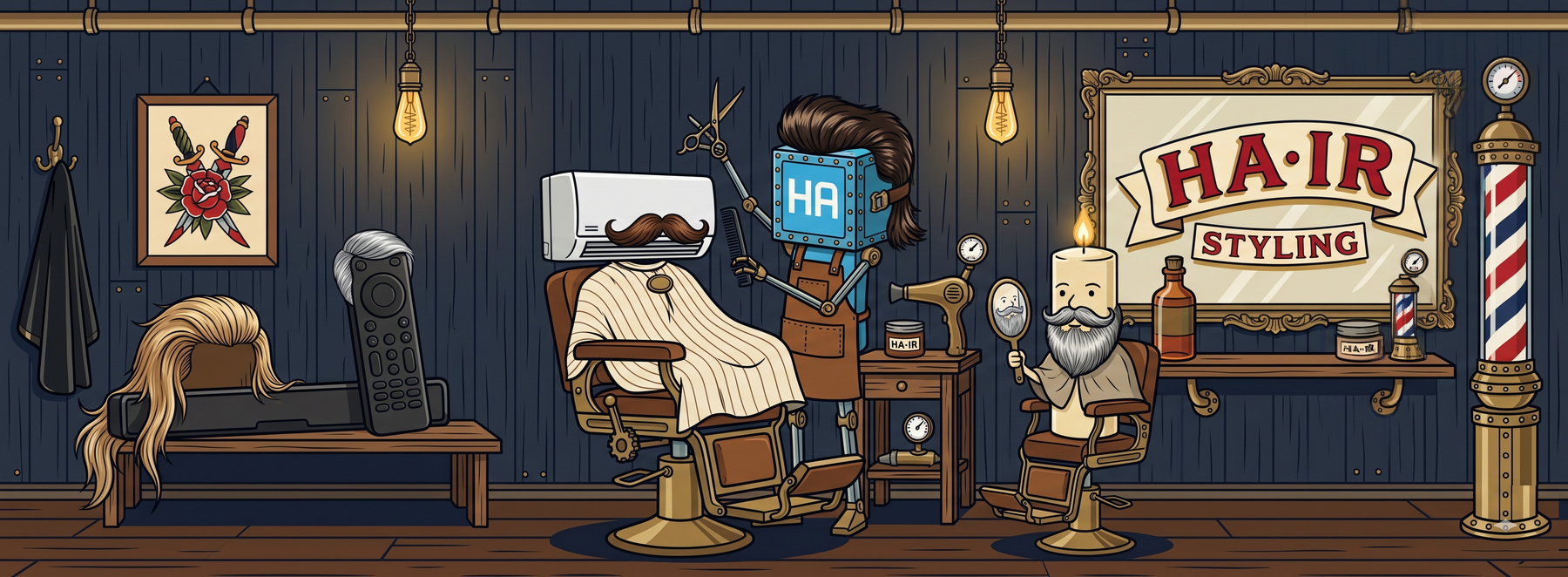 HAIR brand banner showing the HA Box mascot acting as barber to a row of IR devices