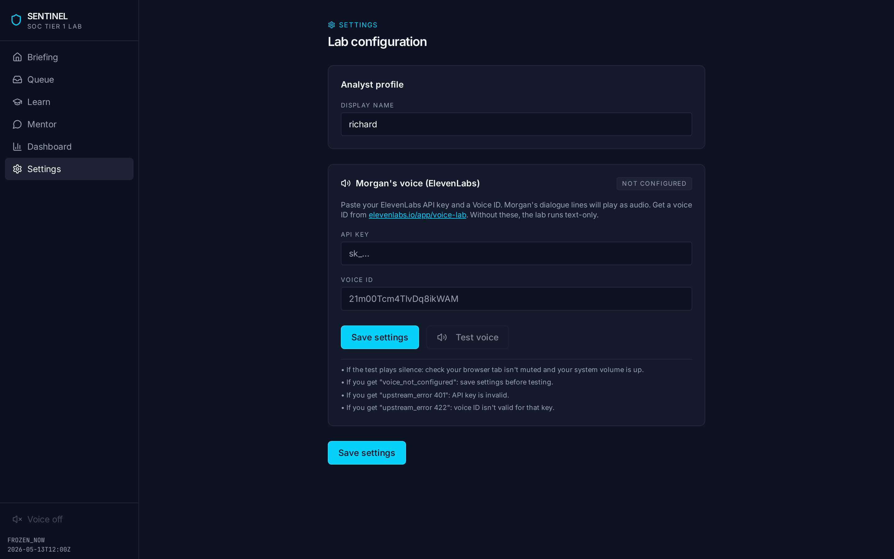 Settings page with ElevenLabs key, voice ID, Test Voice button and troubleshooting hints