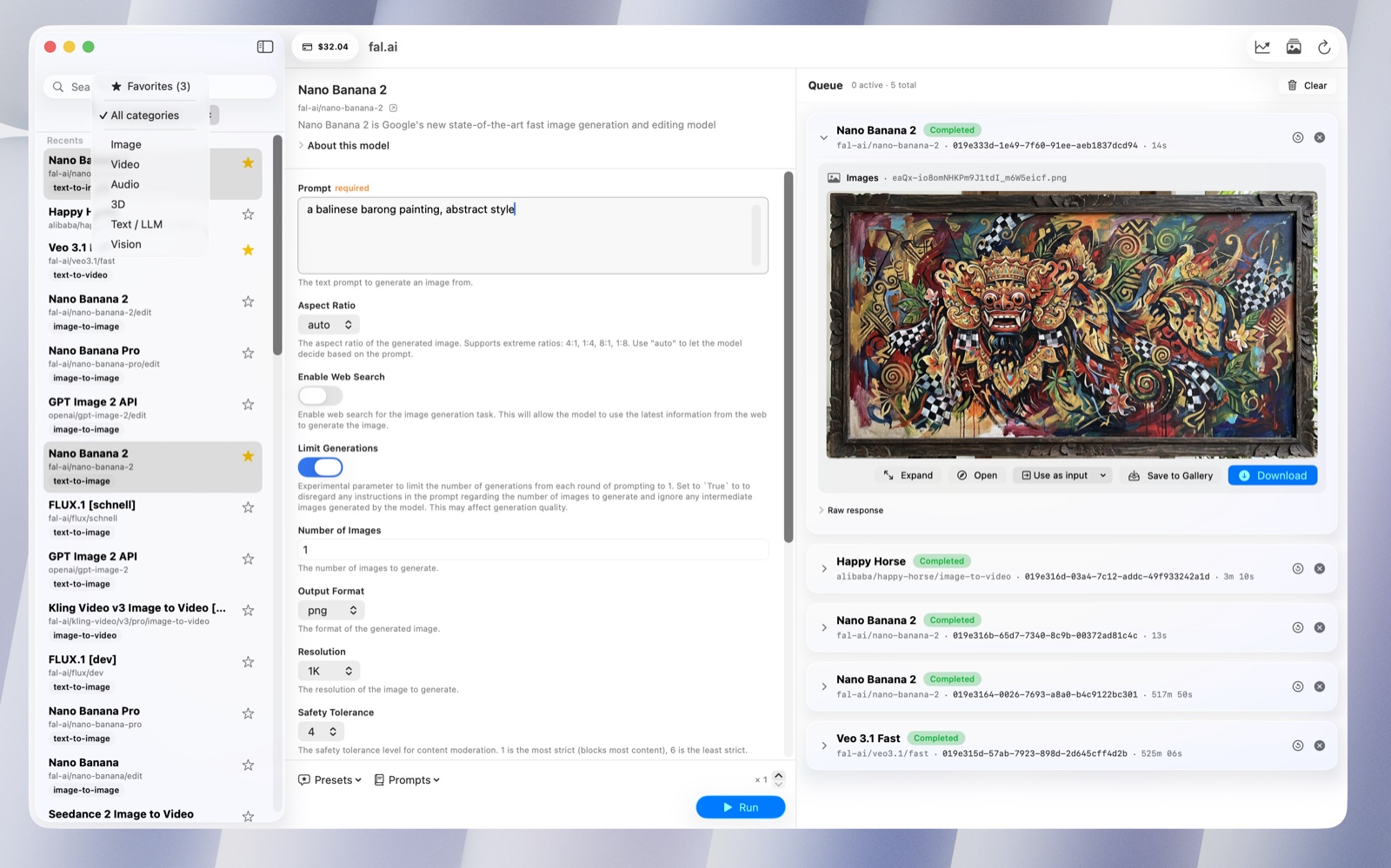 FalMac main window — Nano Banana 2 generating a Balinese barong painting, with the parallel run queue on the right and the favorites filter open in the sidebar