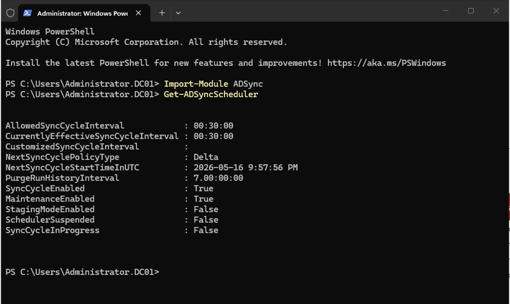 powershell adsync scheduler status