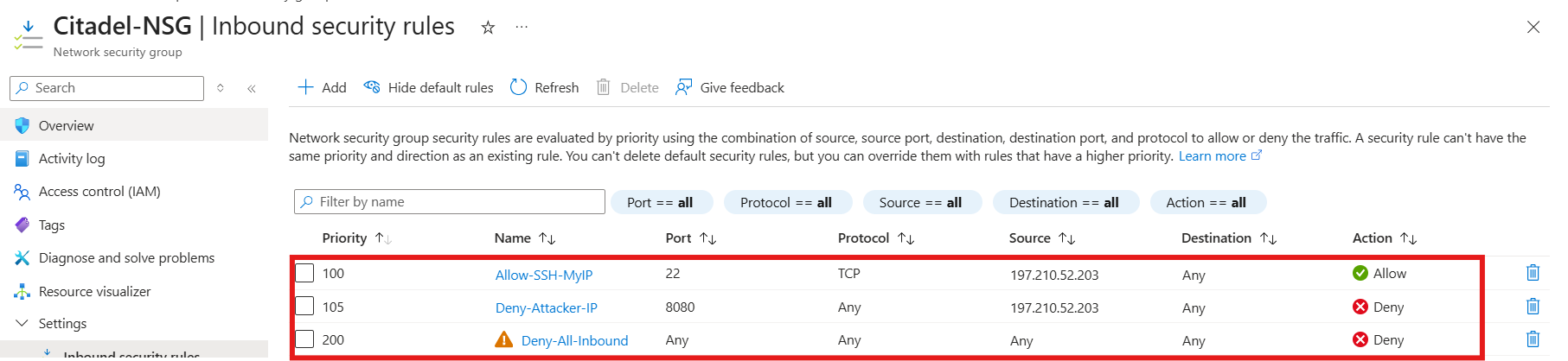 NSG inbound rules — all three rules including Deny-Attacker-IP at 105