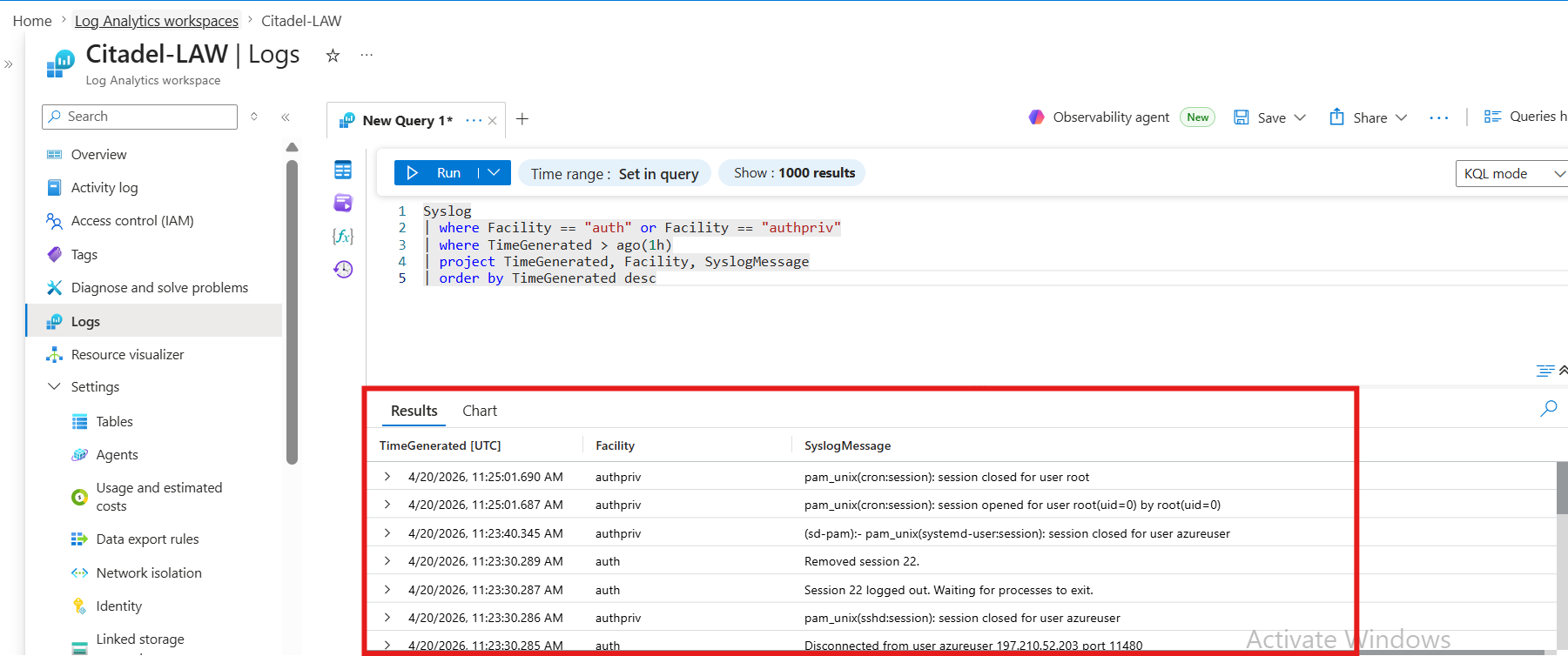 Log analytics — syslog facility count — authpriv 18, auth 6