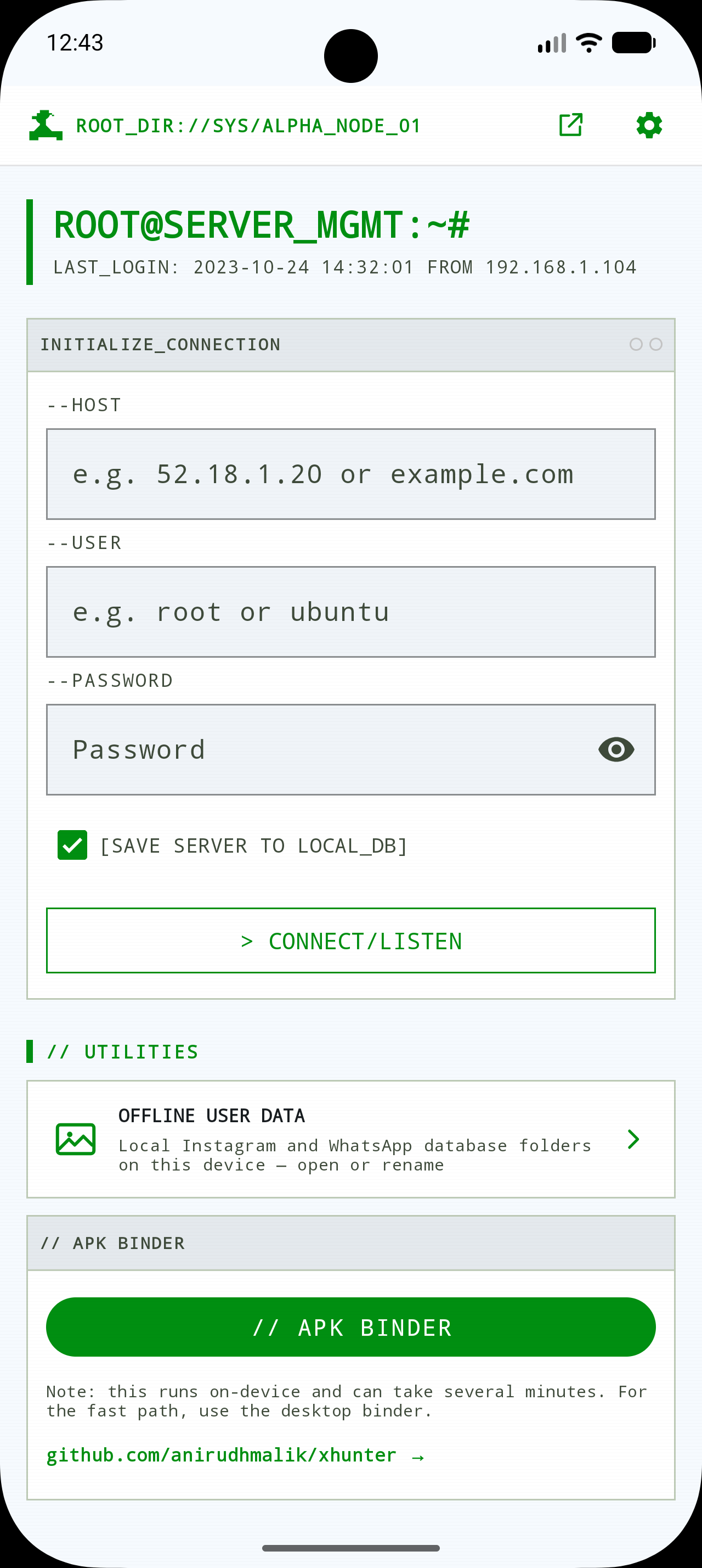 XHunter home dashboard with SSH and offline data shortcuts