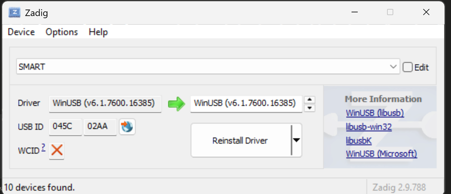 Zadig WinUSB driver setup for SMART device