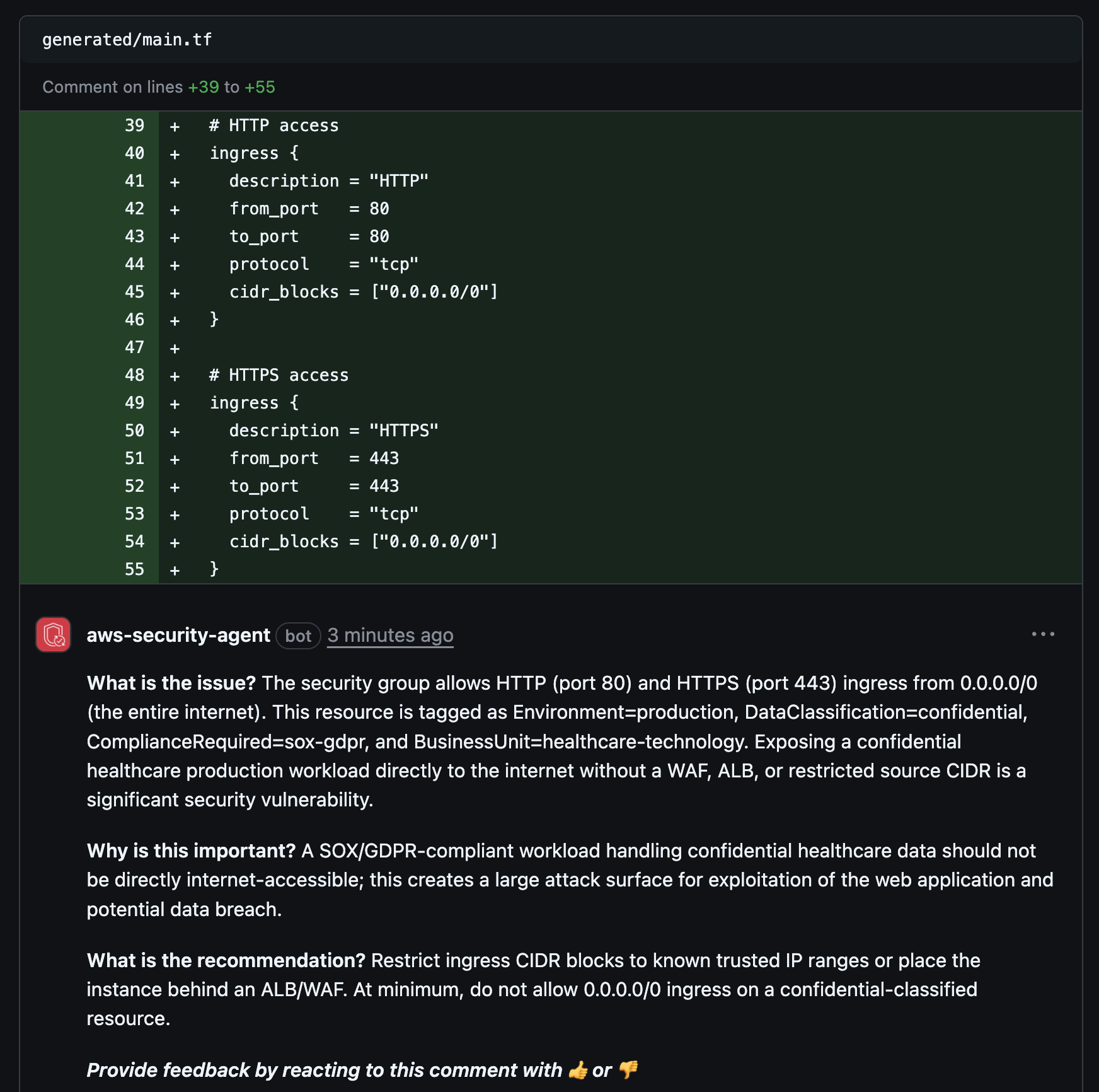 AWS Security Agent code review findings on a GitHub pull request