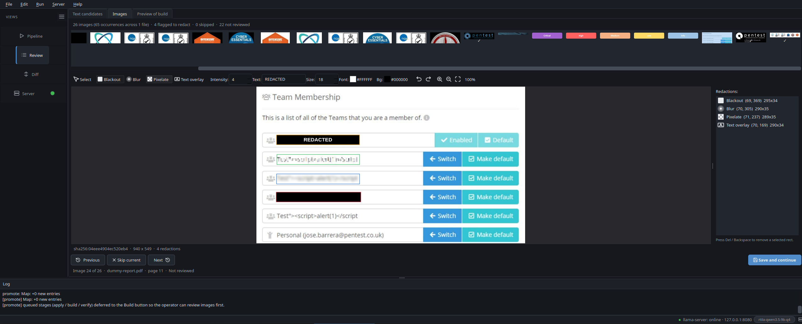 Image review tab: horizontal thumbnail strip on top, embedded editor showing a Burp request screenshot with a red blackout rectangle baked into the actual pixels. Toolbar exposes Select / Blackout / Blur / Pixelate / Text overlay tools, plus intensity / text / size spinboxes and font / background colour pickers.