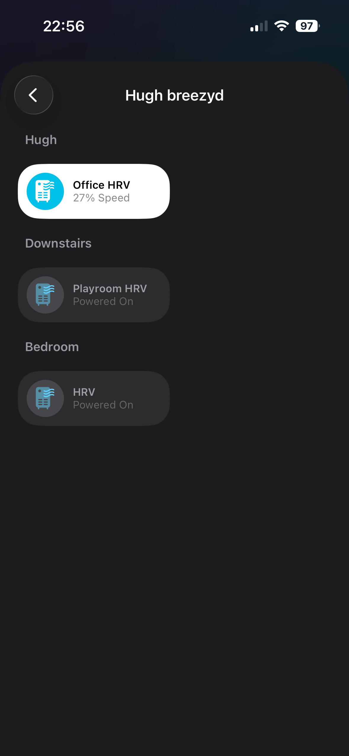 Each Breezy as a separate AirPurifier accessory in the Apple Home rooms list