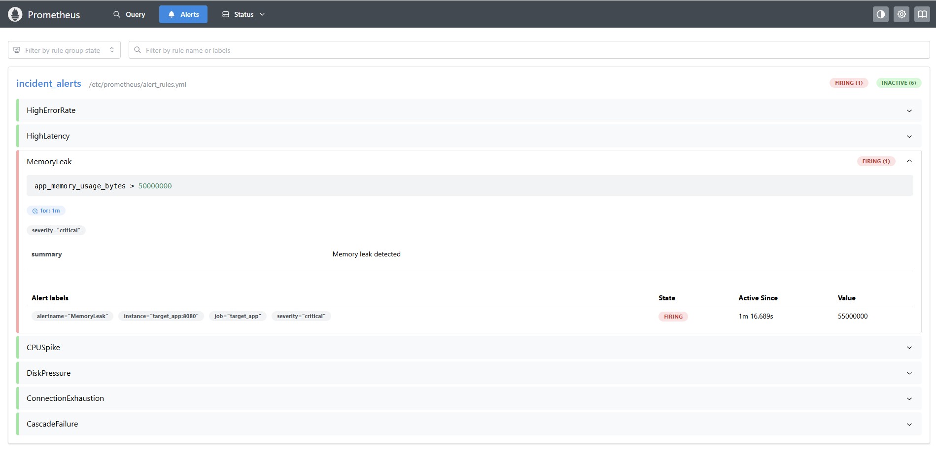 Prometheus FIRING 状态 — 告警已确认,通过 Alertmanager 路由到智能体