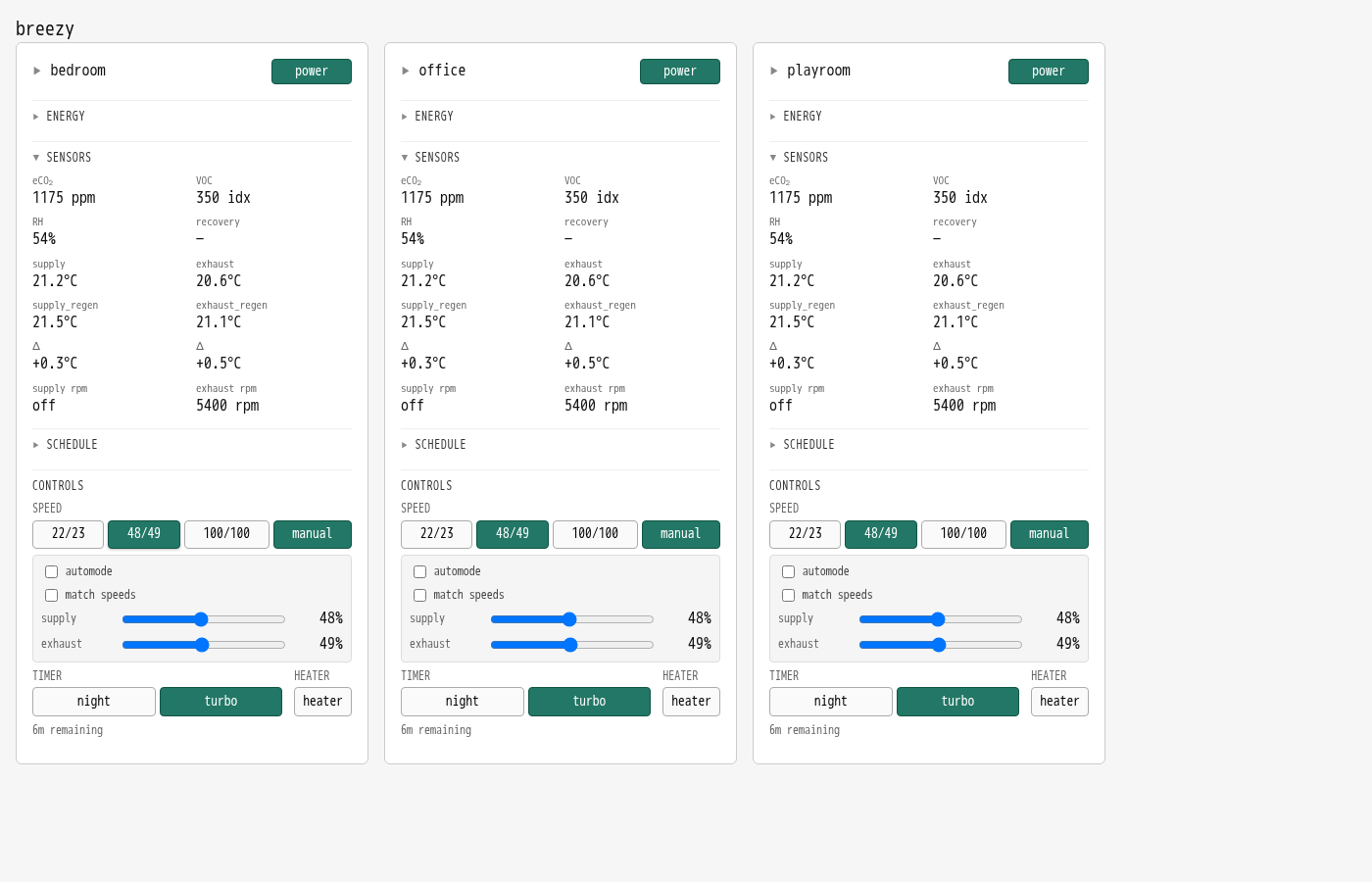 breezy 仪表盘 — LAN 上的三个 Breezy 单元