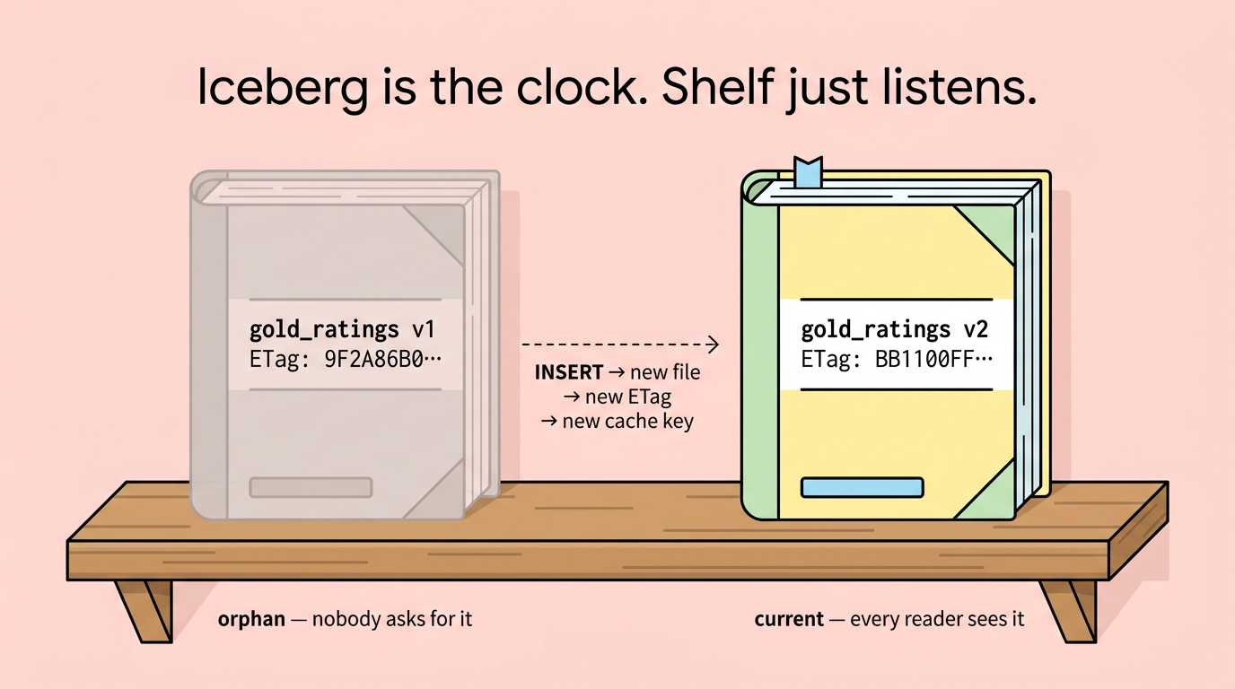 Two Yellow-Pages-style books on a shelf — old greyed out as orphan, new highlighted as current, connected by an arrow labeled INSERT → new file → new ETag → new cache key