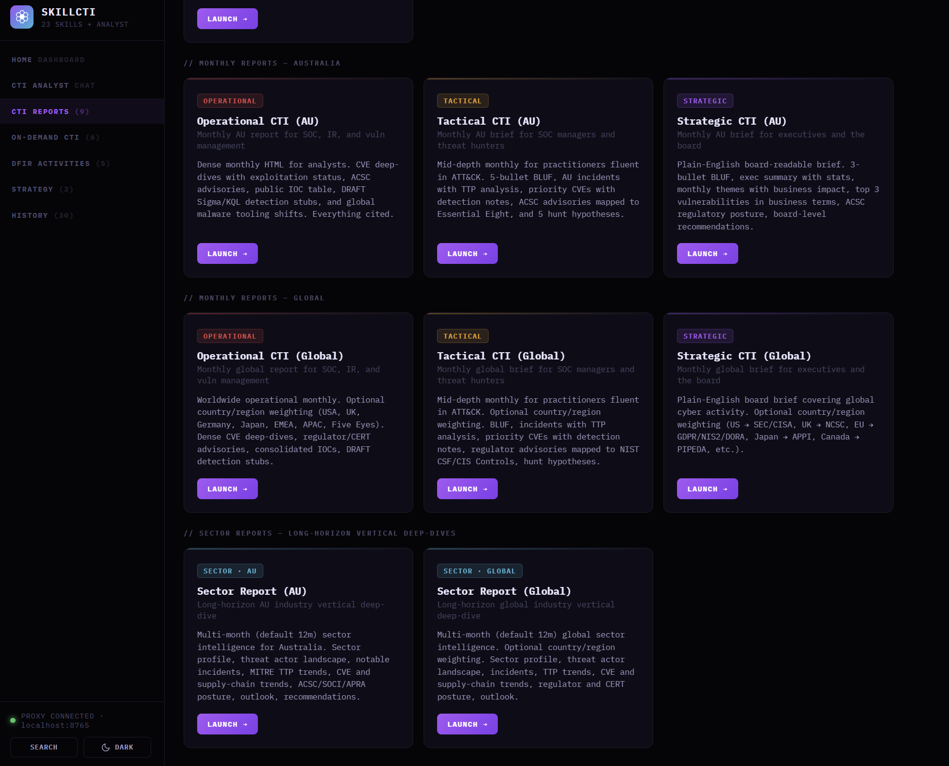 SkillCTI launcher — the CTI Reports tab showing the monthly briefs (Strategic / Tactical / Operational × AU / Global) and long-horizon sector deep-dives as click-to-run cards, with the sidebar navigation, theme toggle, and search affordance