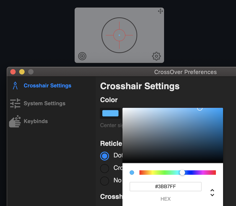 CrossOver Preferences with the Crosshair Settings color picker open