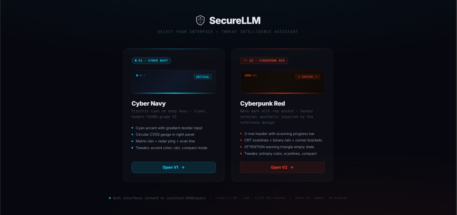 SecureLLM interface selector — V1 Cyber Navy and V2 Cyberpunk Red