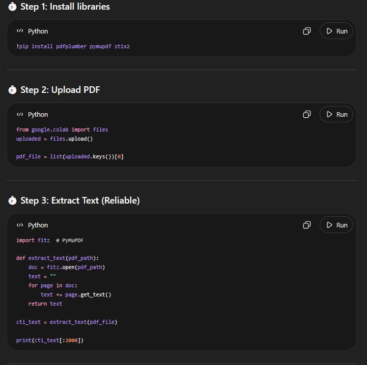 Install pdfplumber, pymupdf, stix2