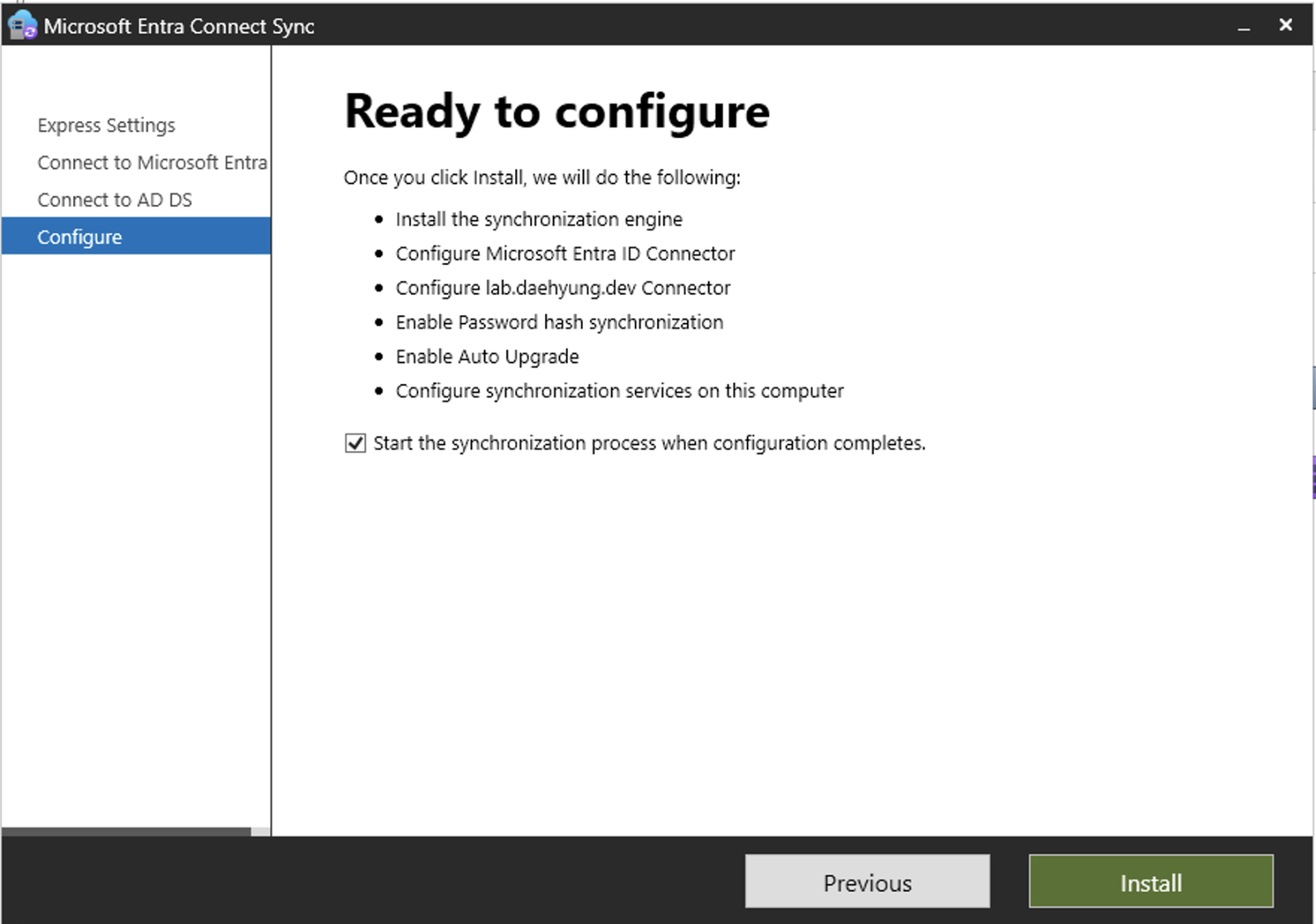 entra connect ready to configure