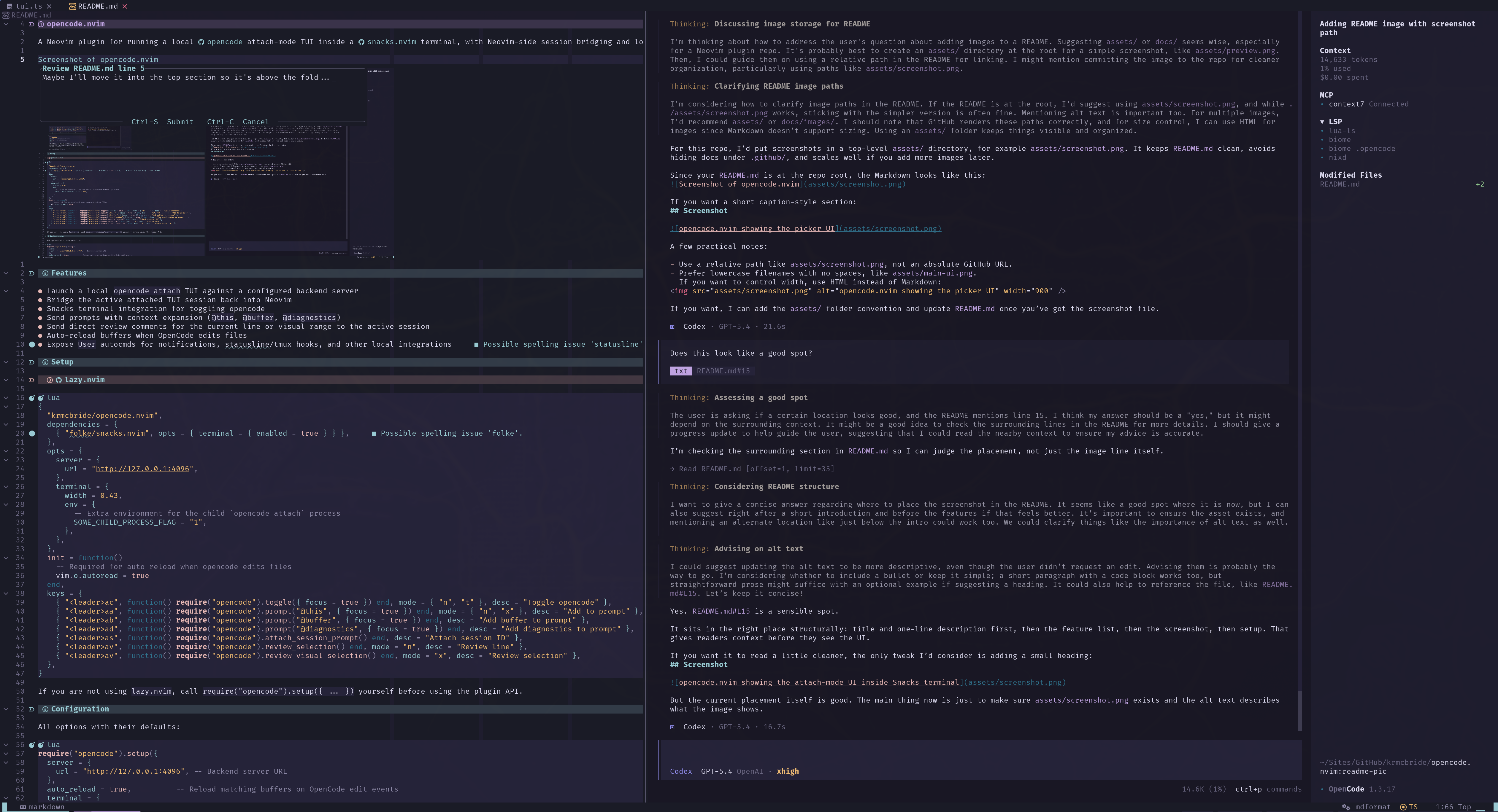 opencode.nvim 在 Snacks 终端中显示附加模式 UI